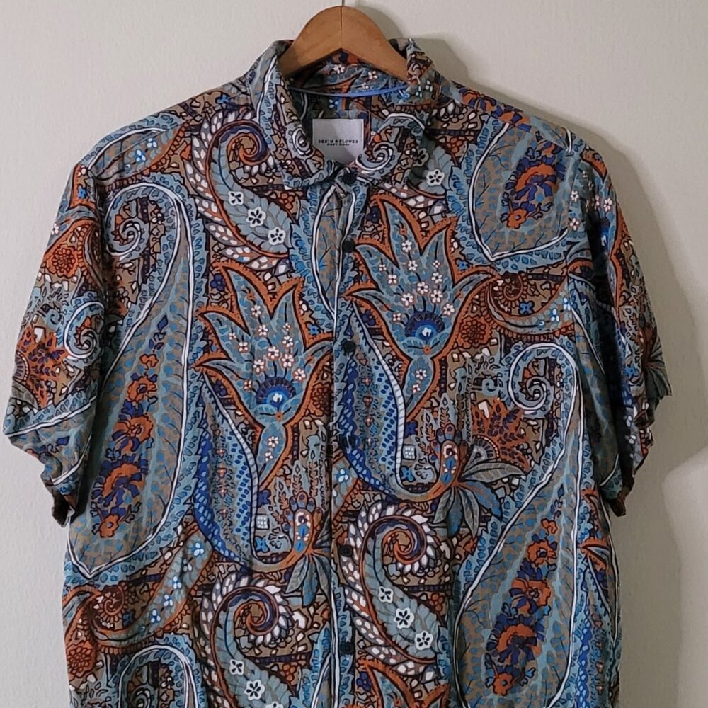 Denim & Flower Short Sleeve Button Down Paisley Slim Fit L
